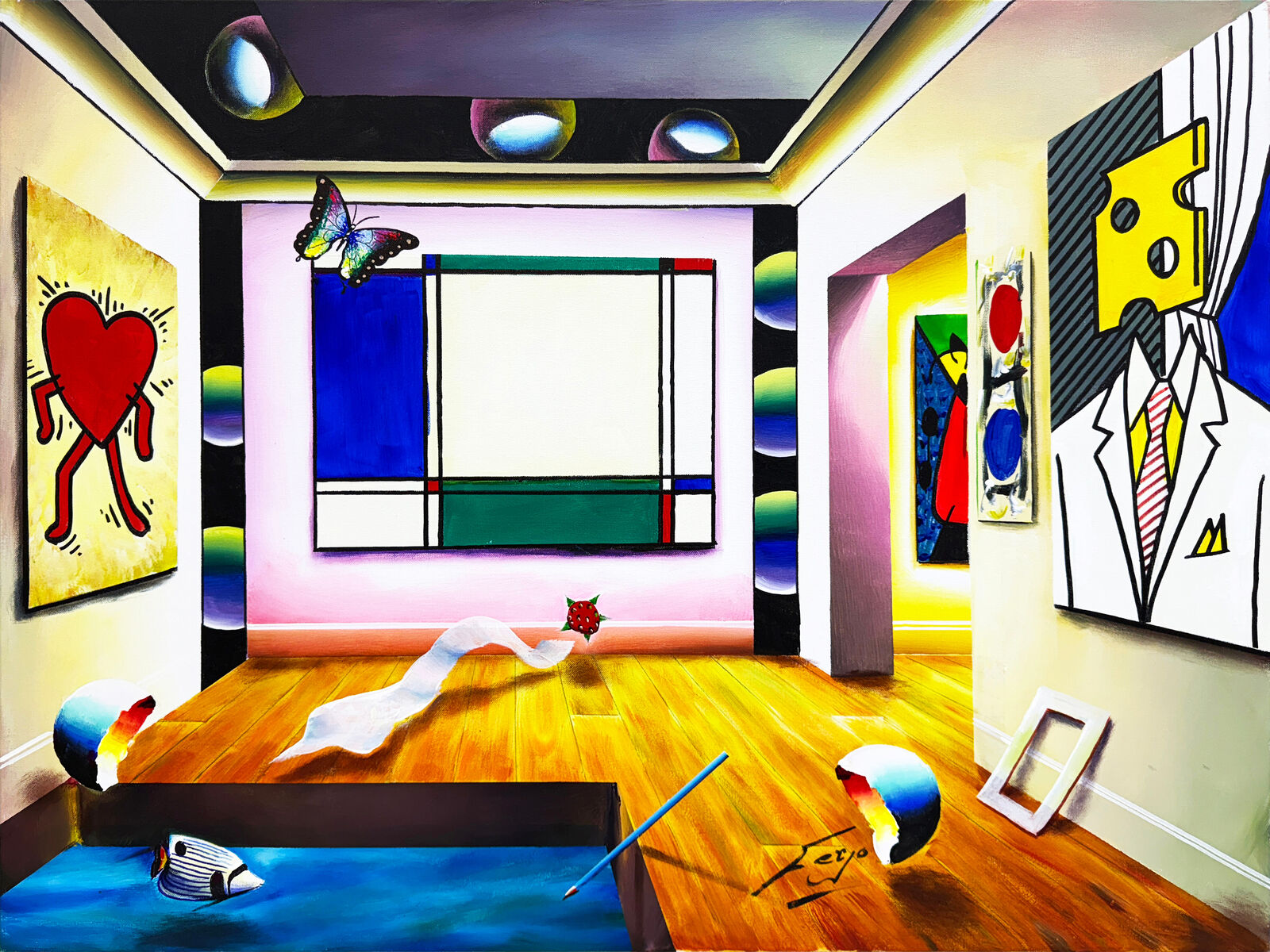 A painting of a room with paintings on the wall.