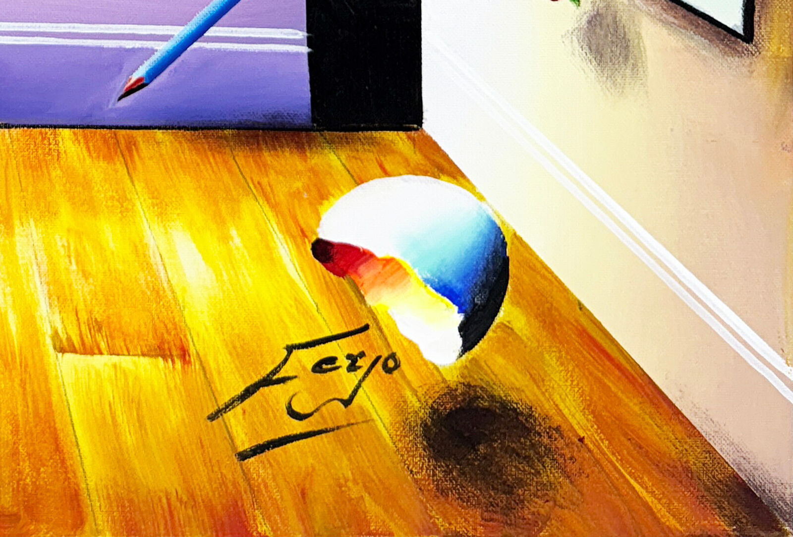 A painting of a stairwell with a painting on the wall.