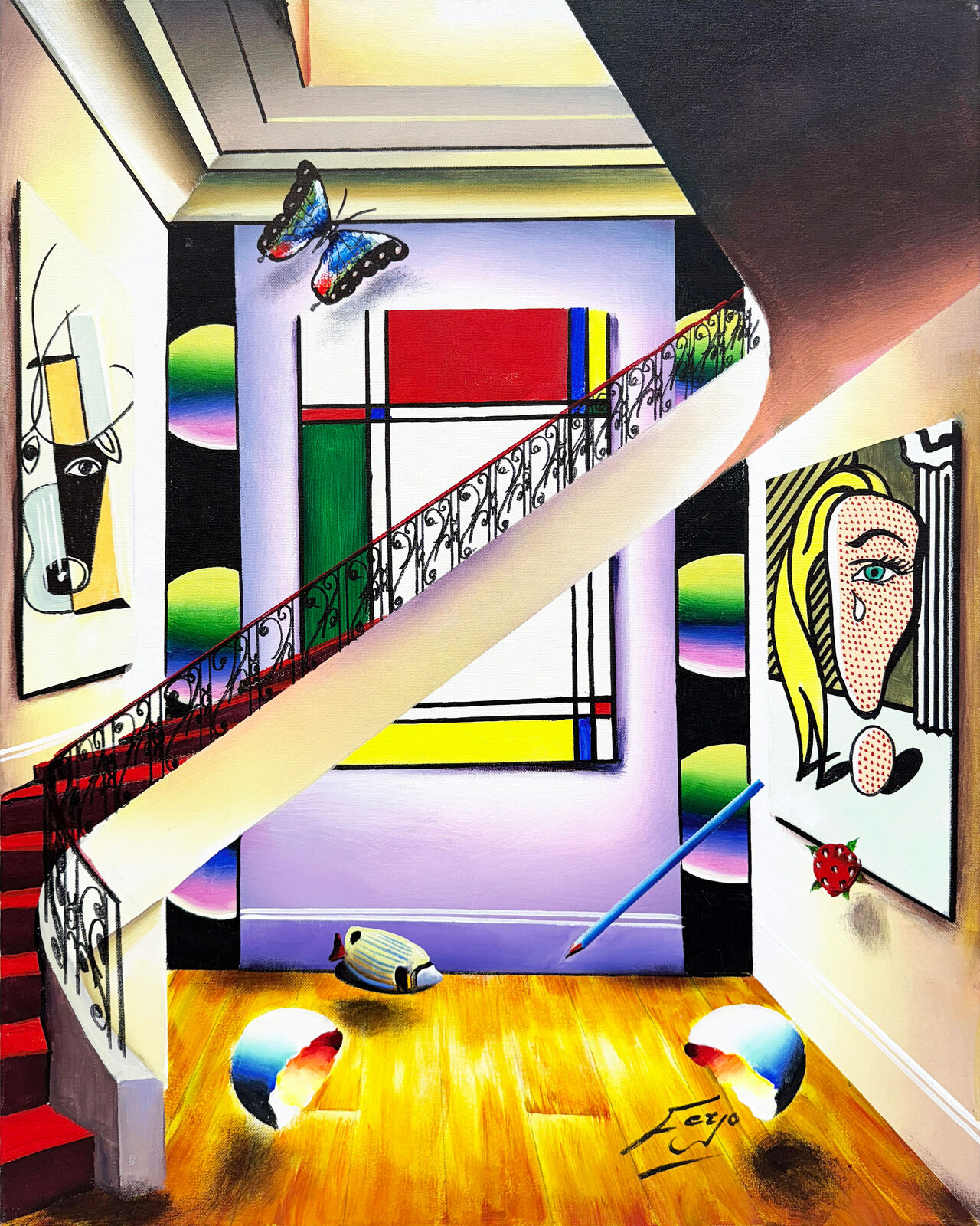 A painting of a stairwell with a painting on the wall.