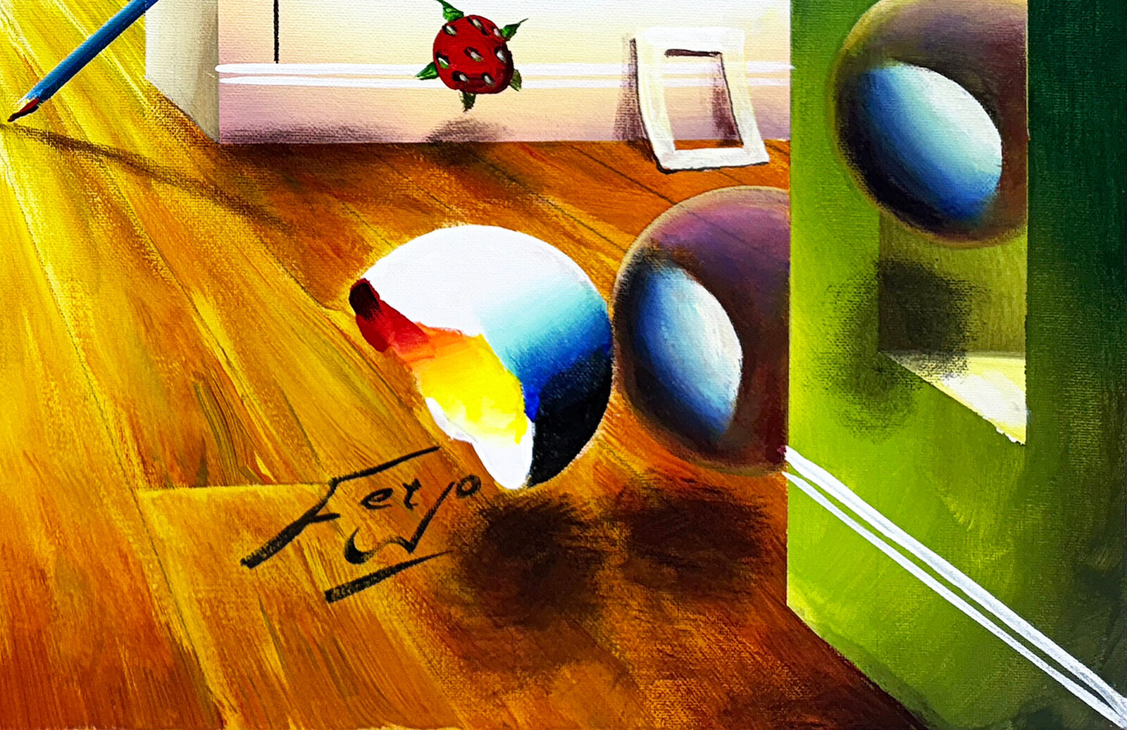 A painting of a room with a butterfly flying over it.