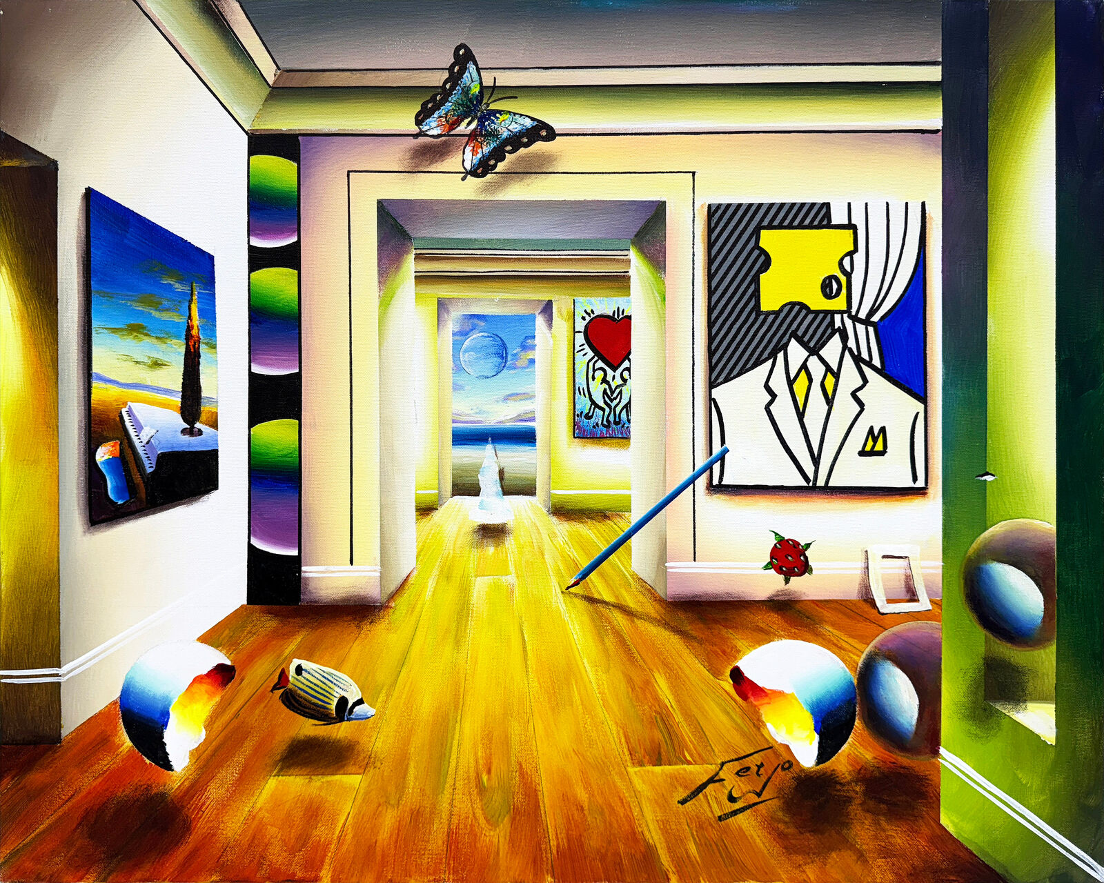 A painting of a room with a butterfly flying over it.