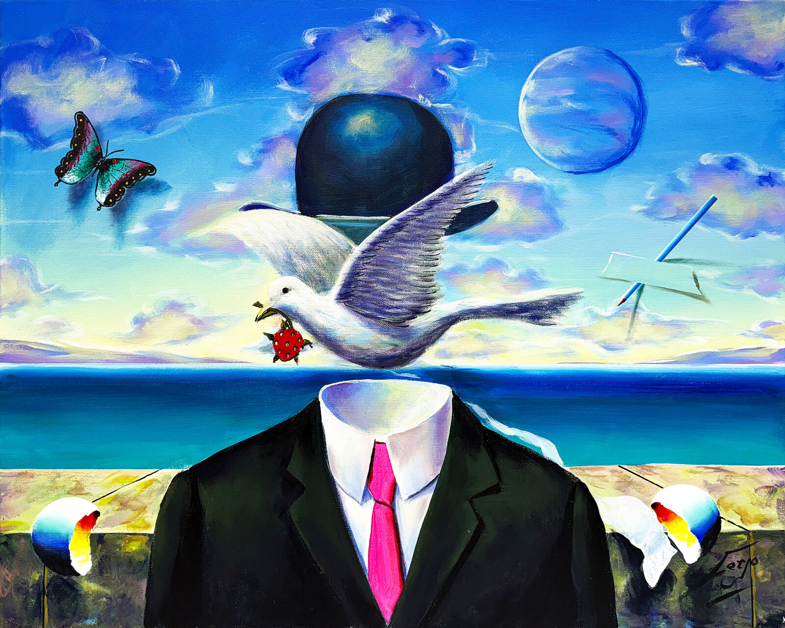 A painting of a man in a suit and tie with a bird flying over his head.