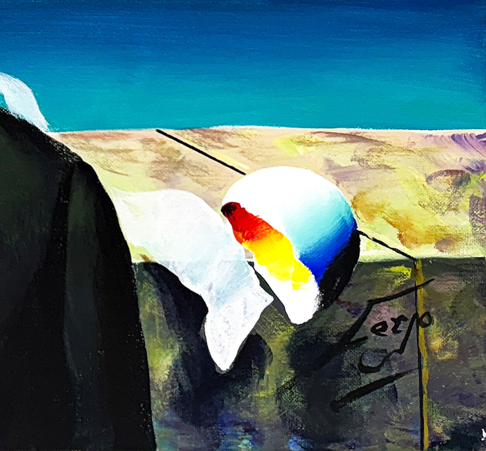 A painting of a man in a suit and tie with a bird flying over his head.