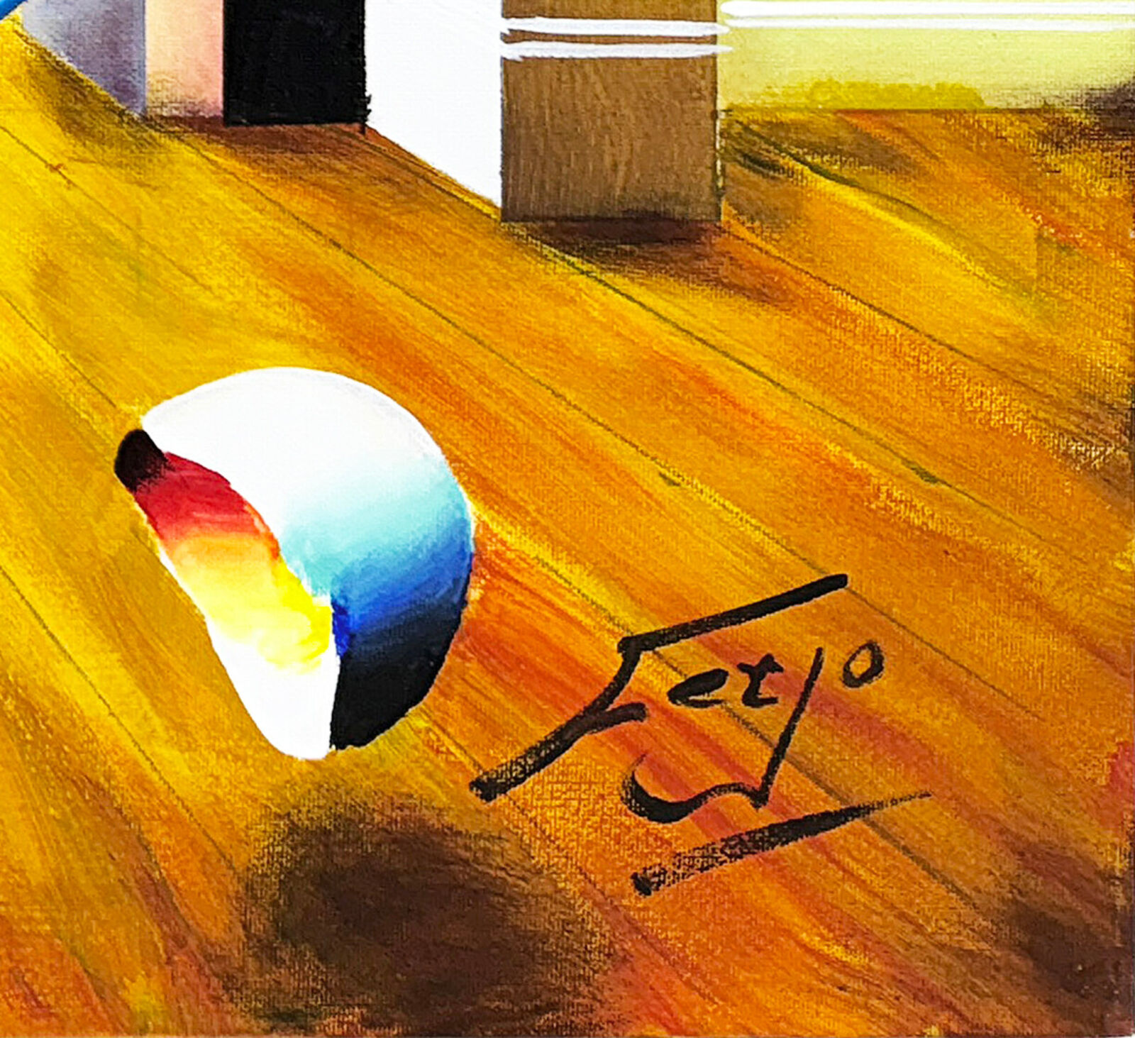 A painting of a room with a butterfly flying over it.