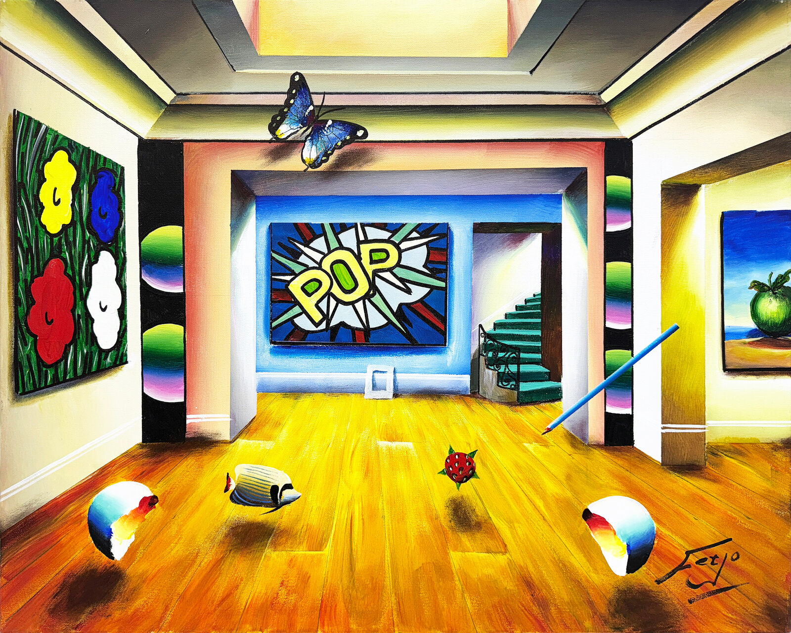 A painting of a room with a butterfly flying over it.