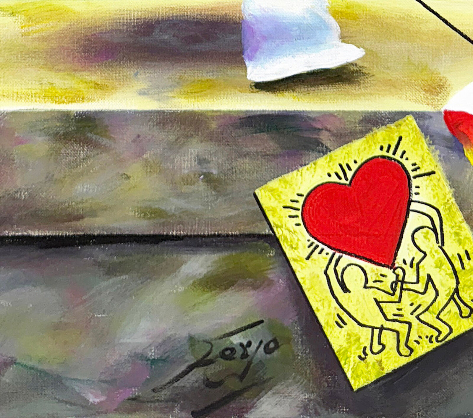 A painting of an egg on a table with a butterfly flying over it.