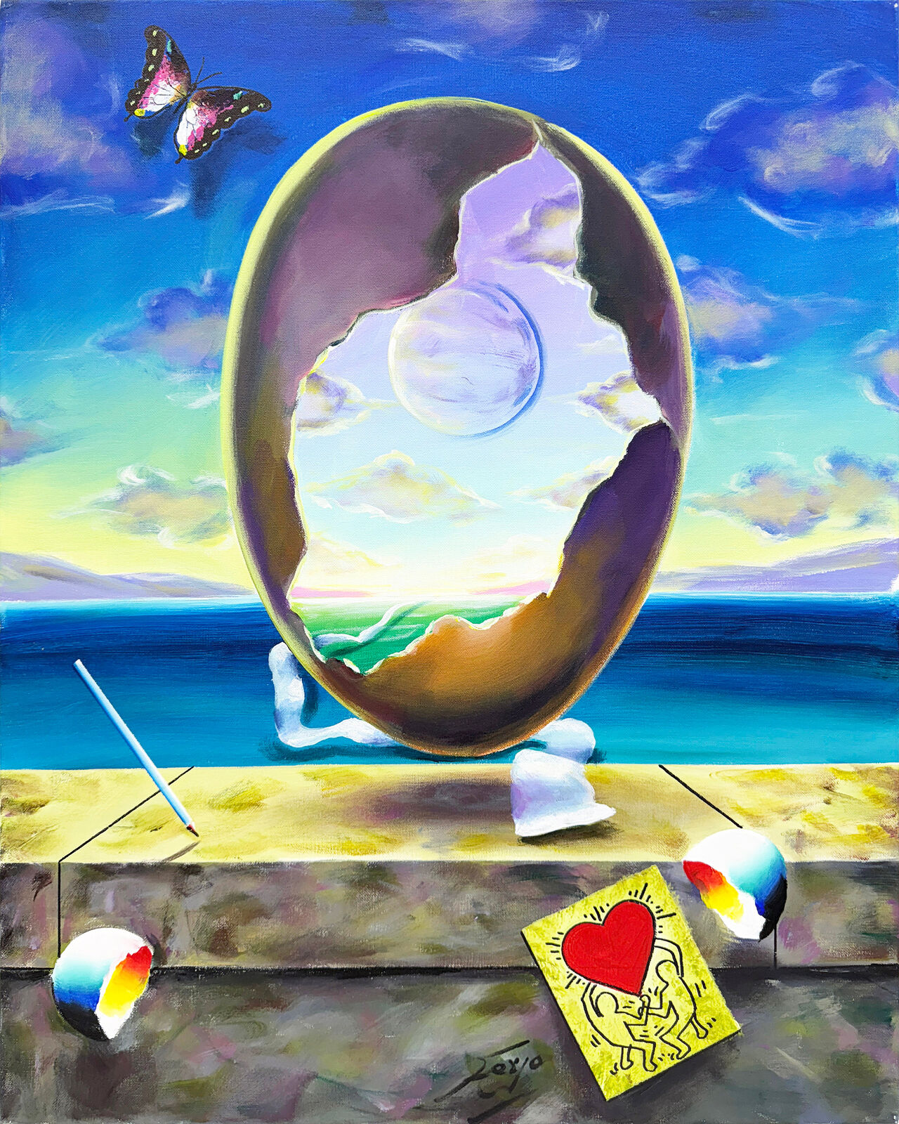 A painting of an egg on a table with a butterfly flying over it.