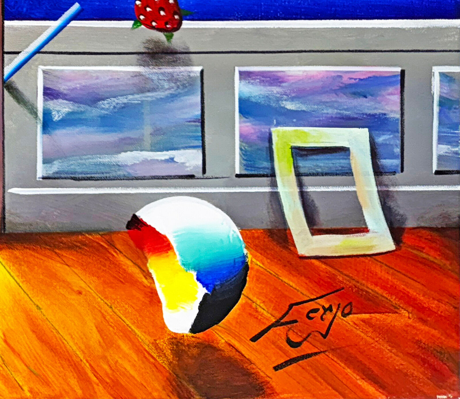 A painting of a room with a painting on the wall.