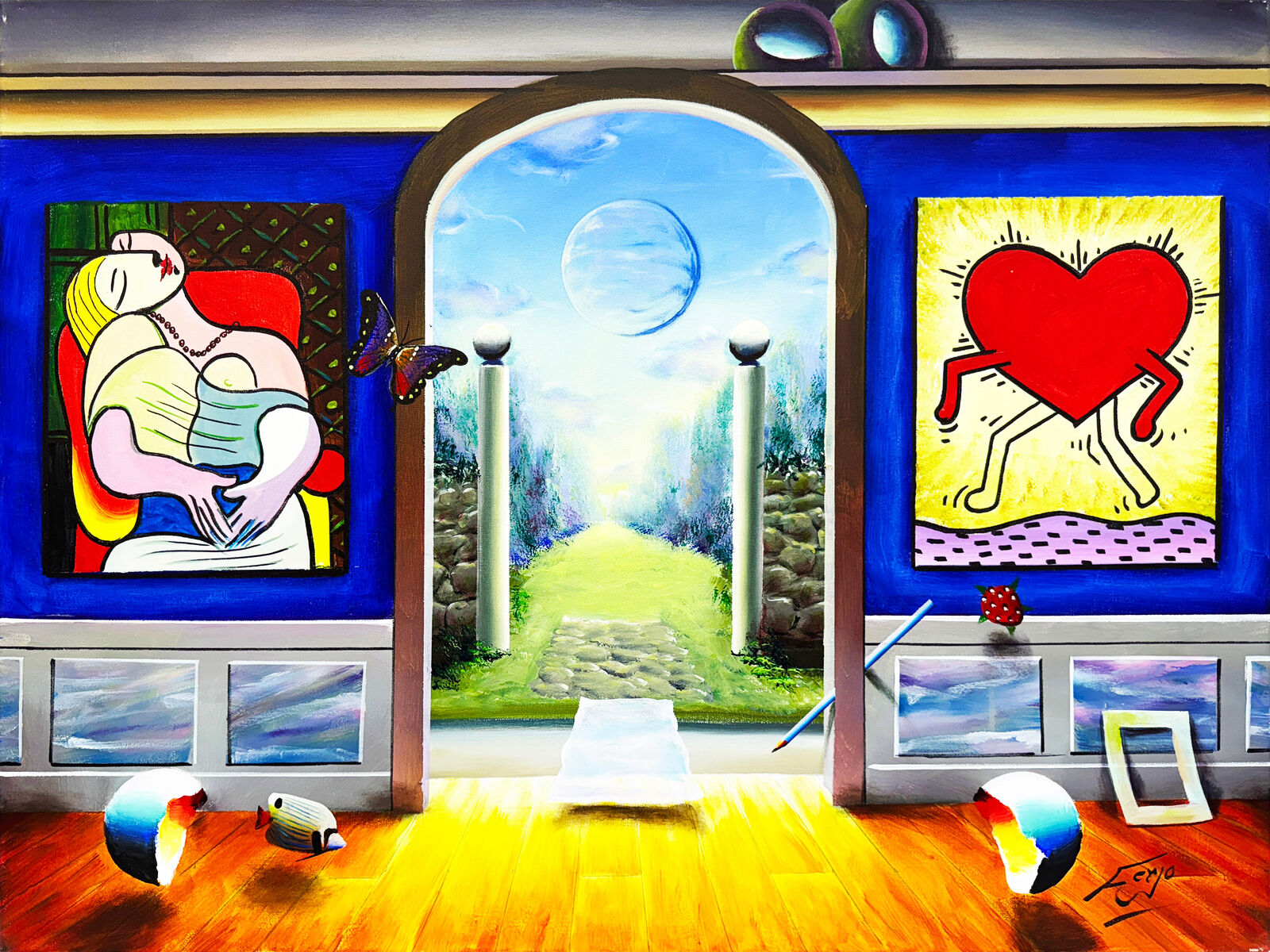 A painting of a room with a painting on the wall.