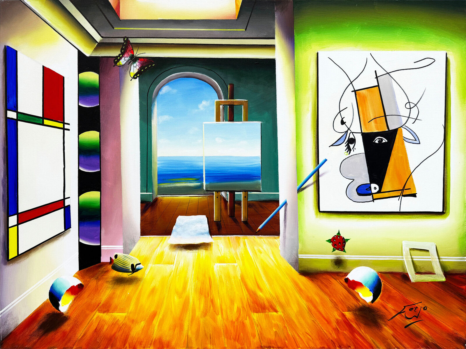 A painting of a room with a painting on the wall.