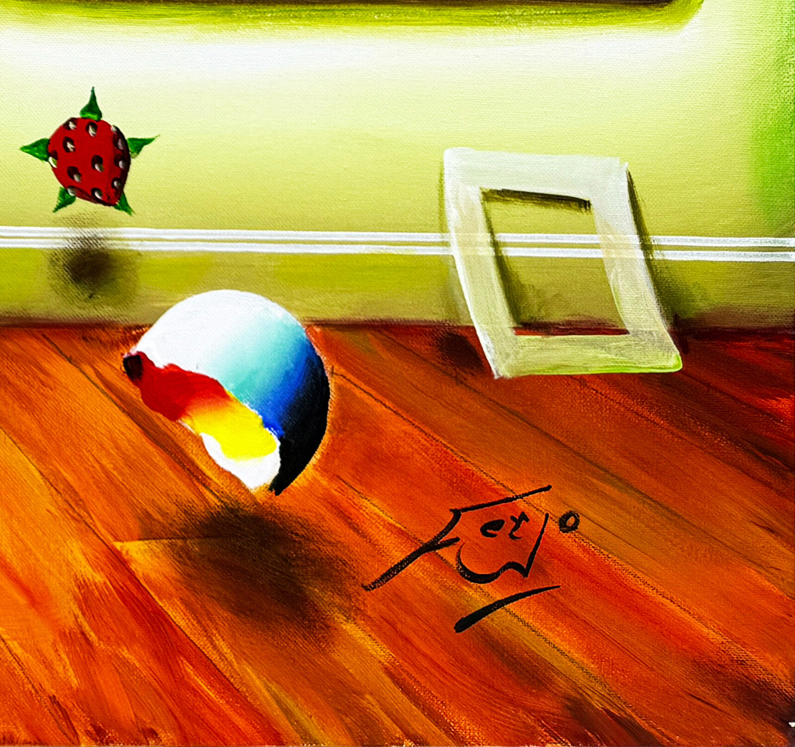 A painting of a room with a painting on the wall.