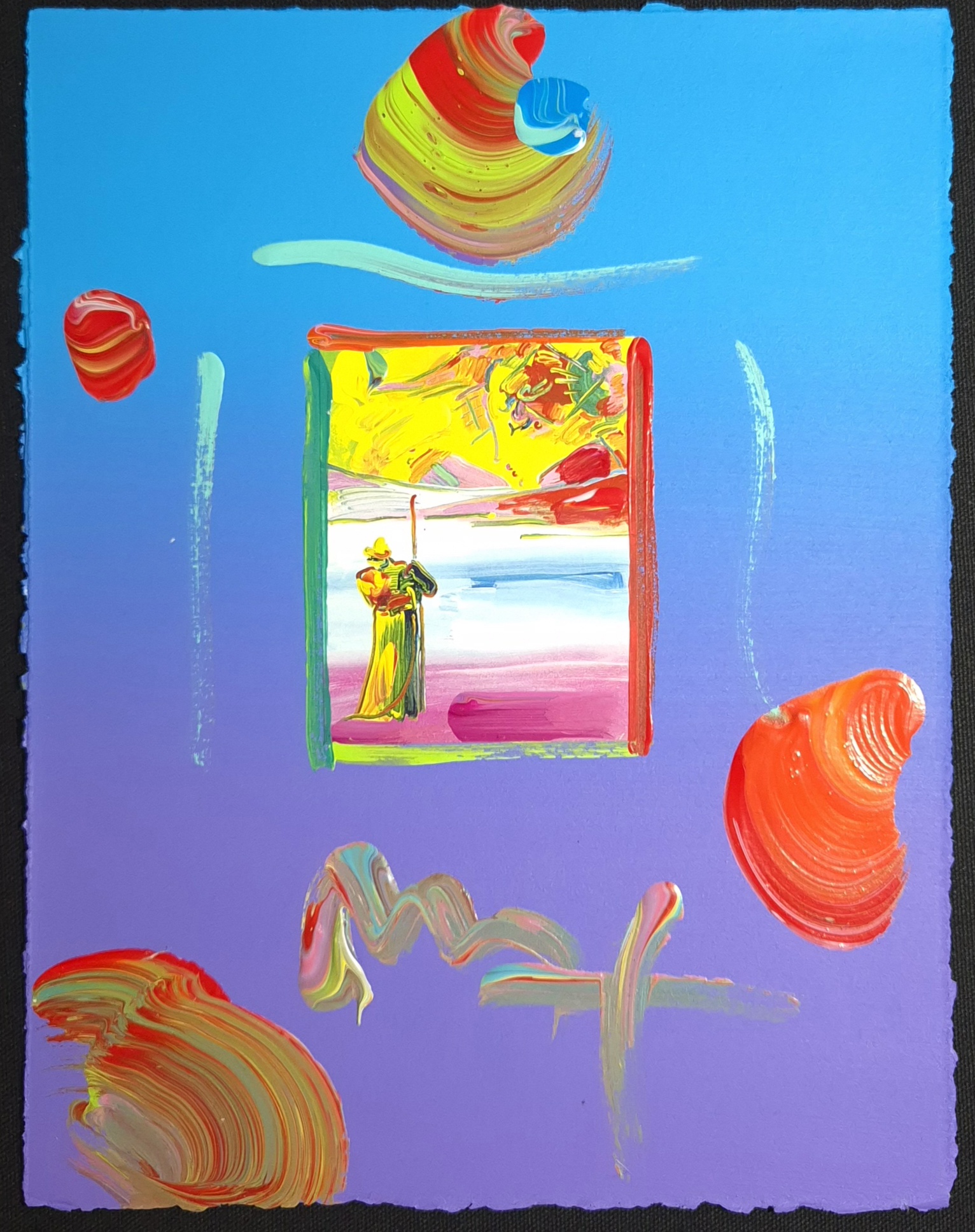 A colorful abstract composition featuring a central framed figure surrounded by vibrant, swirling paint marks on a gradient background.