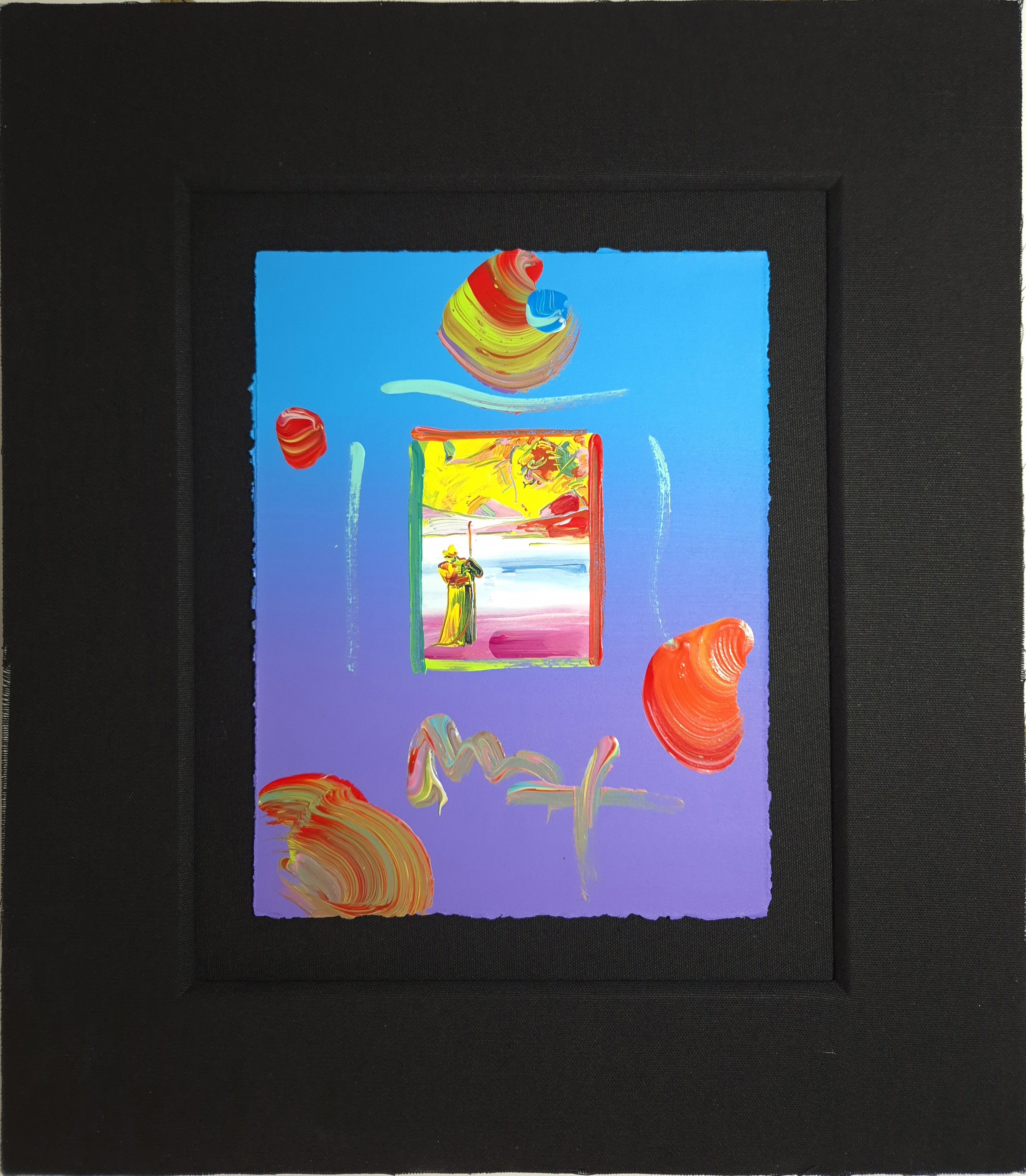A colorful abstract composition featuring a central framed figure surrounded by vibrant, swirling paint marks on a gradient background.