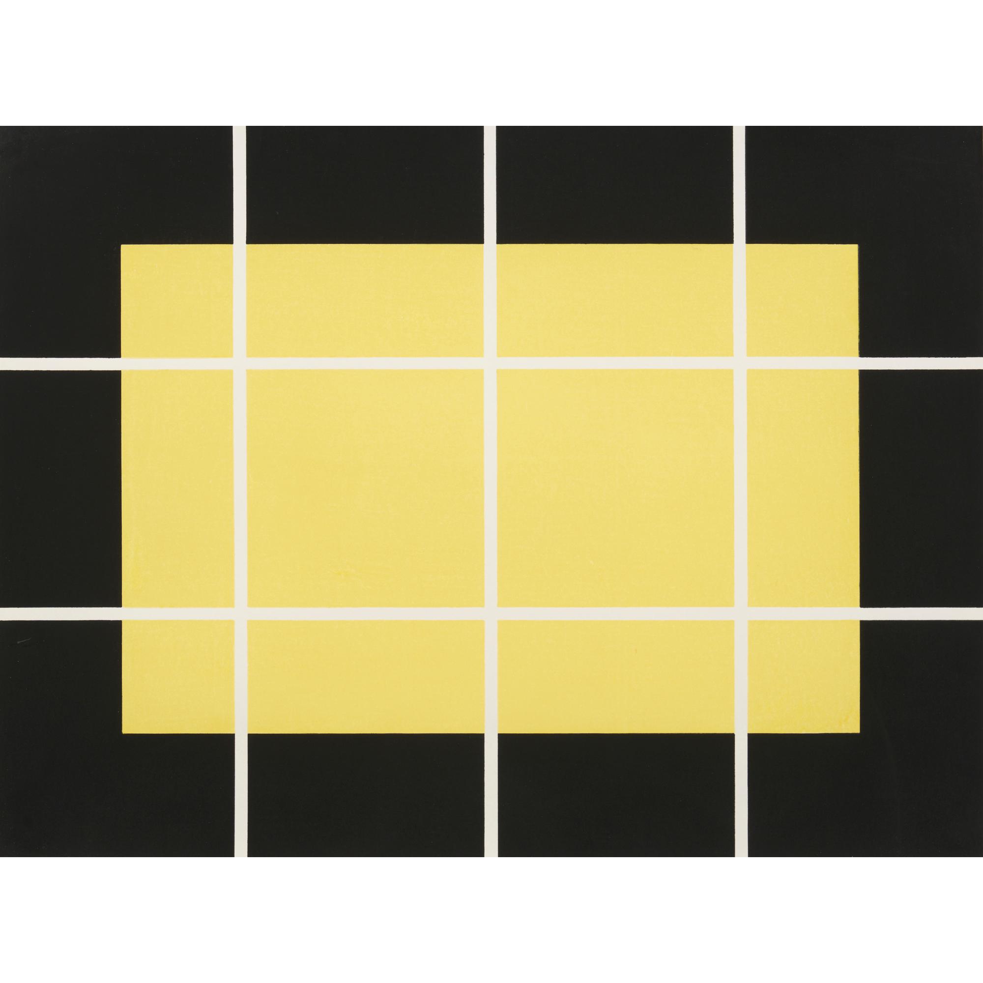 A bold geometric composition of interlocking yellow and black shapes on a white grid.