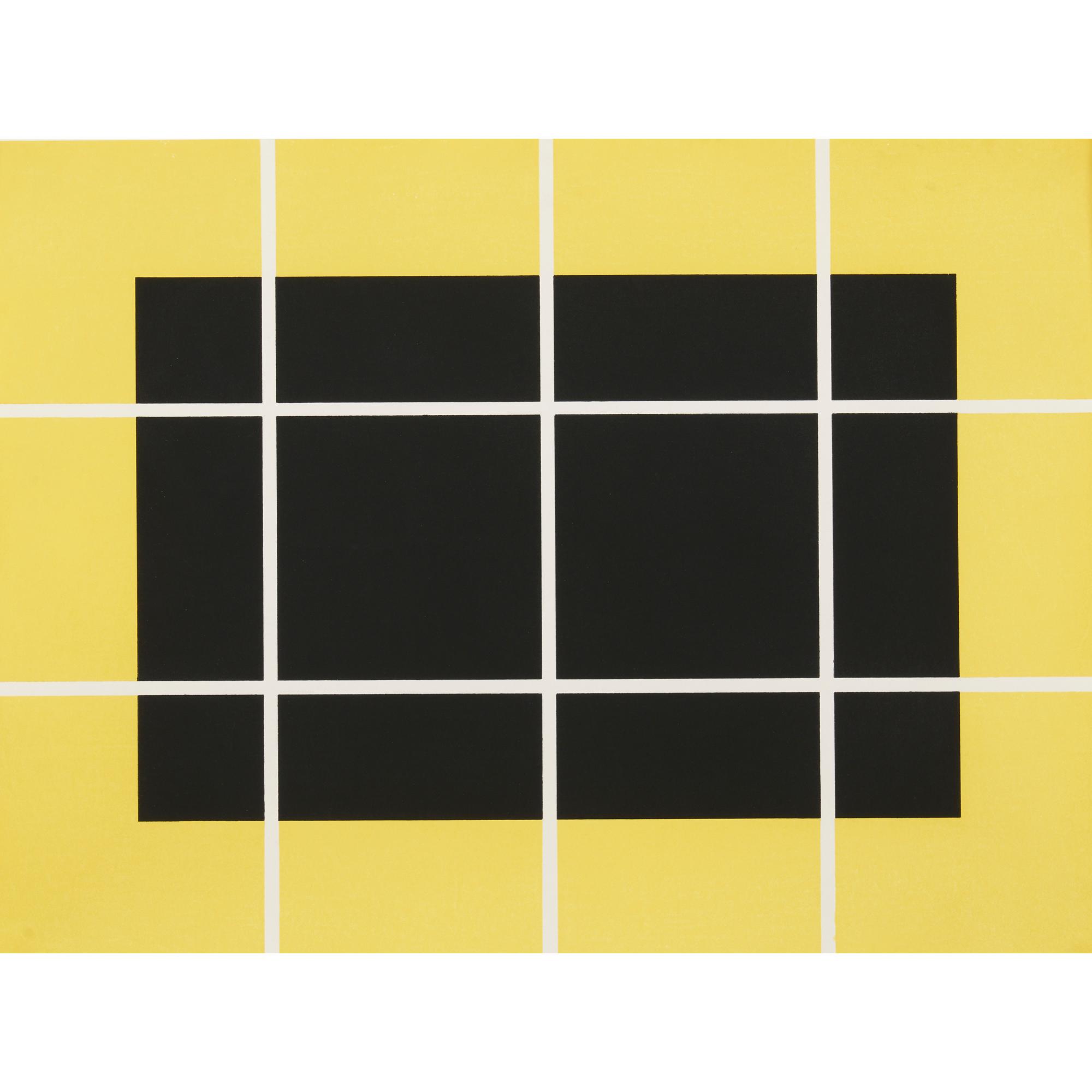 A bold geometric composition of interlocking yellow and black shapes on a white grid.