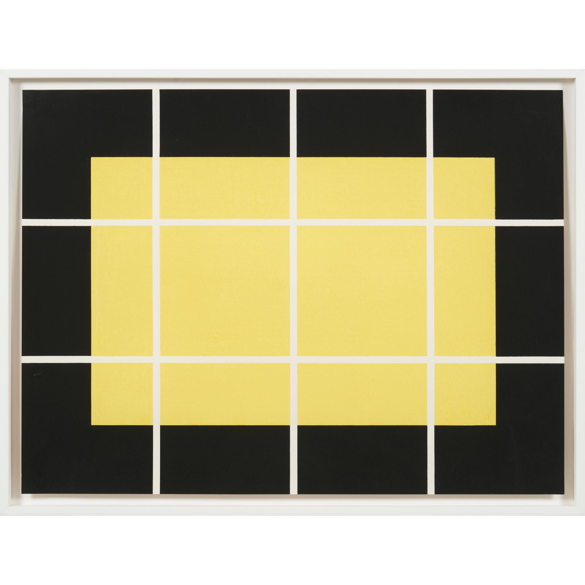 A bold geometric composition of interlocking yellow and black shapes on a white grid.