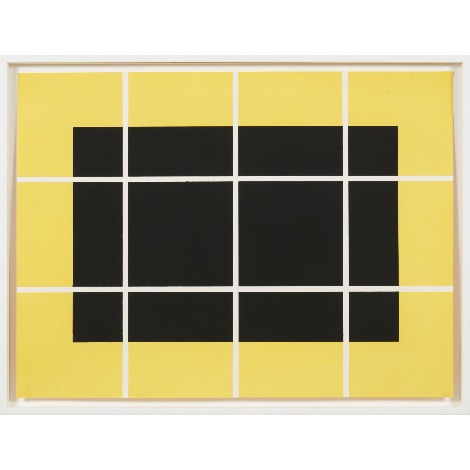 A bold geometric composition of interlocking yellow and black shapes on a white grid.