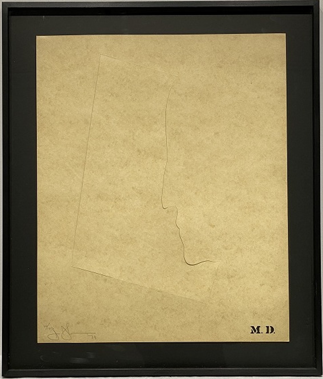 A minimalist gold-toned portrait of a face in profile, framed and illuminated by warm light.