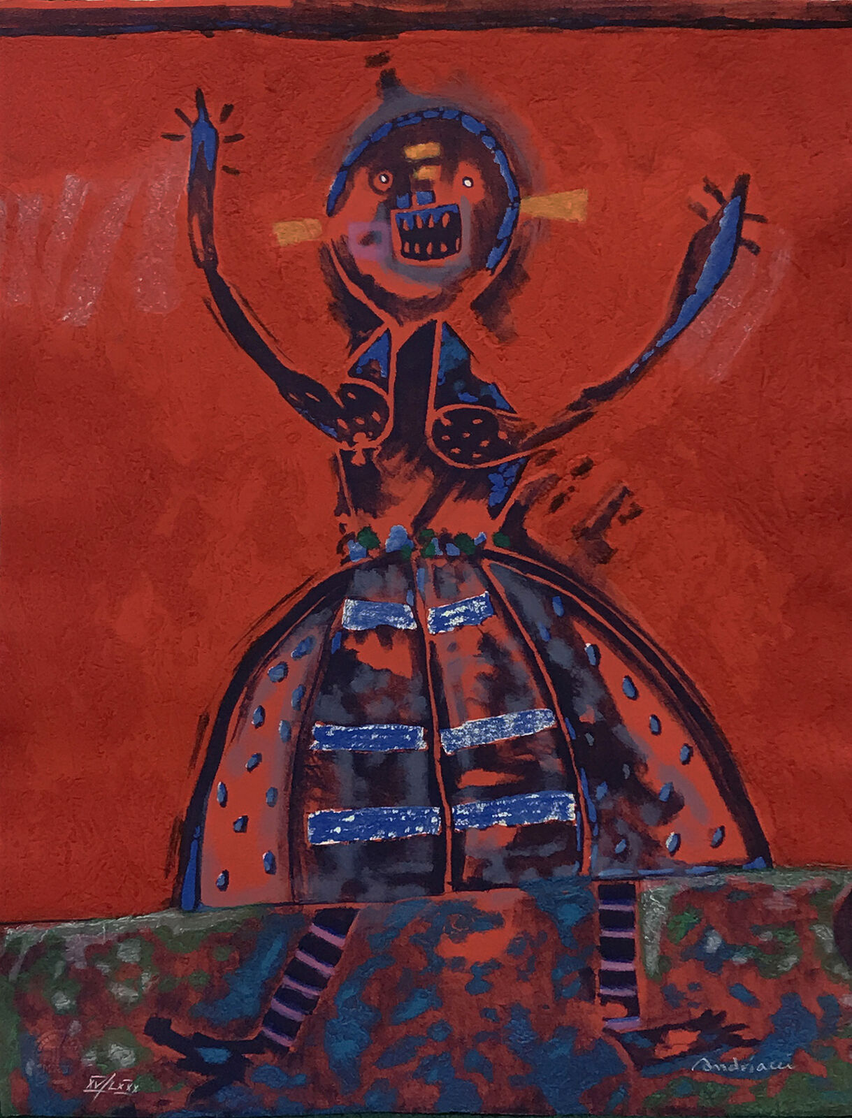 A painting of a woman in a blue dress on a red background.