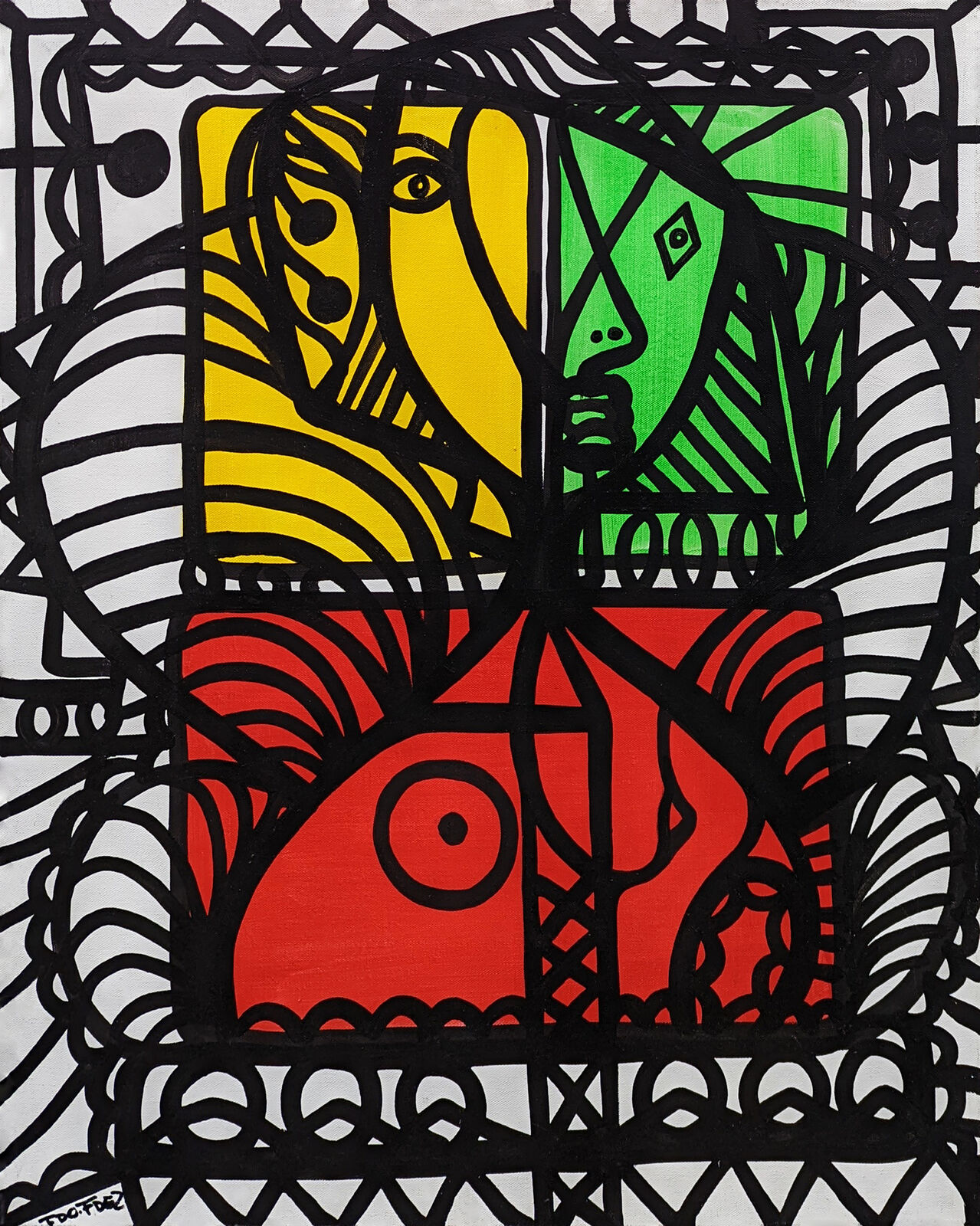 A painting of a woman's face in a square frame.