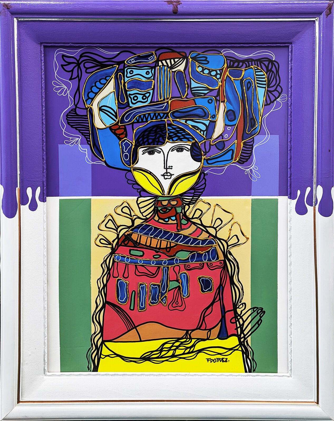 A painting of a woman with a hat on her head.