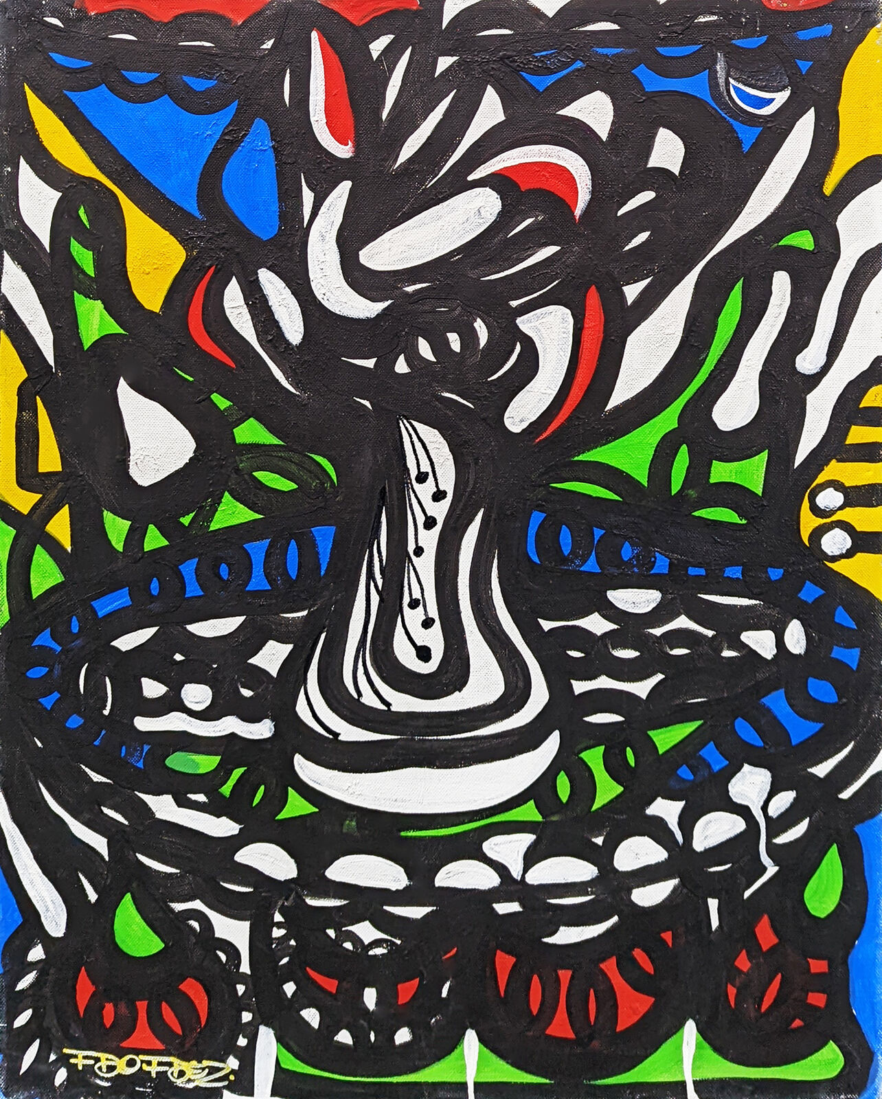 A painting of a man's face on a colorful background.