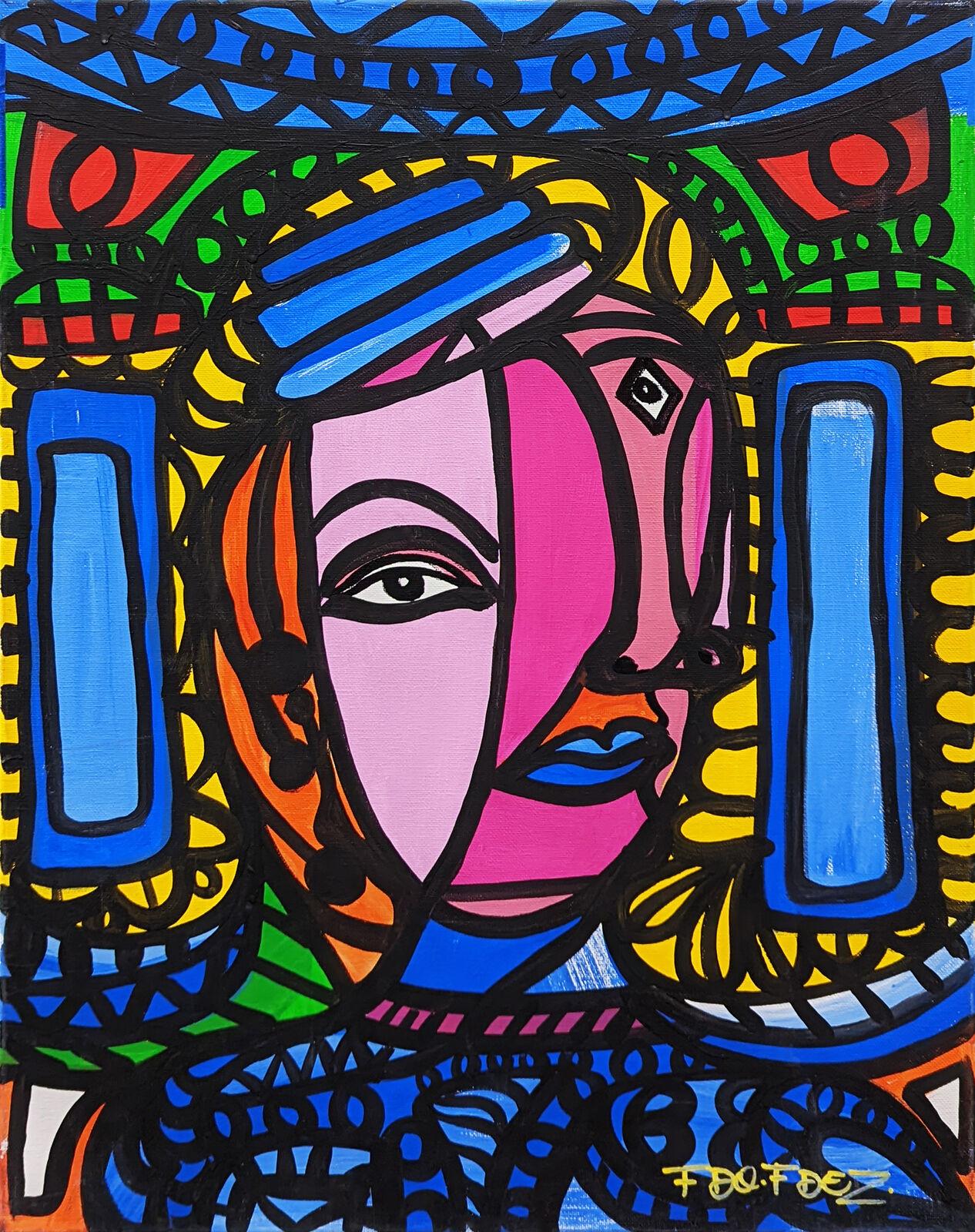 A painting of a woman with a blue hat on her head.