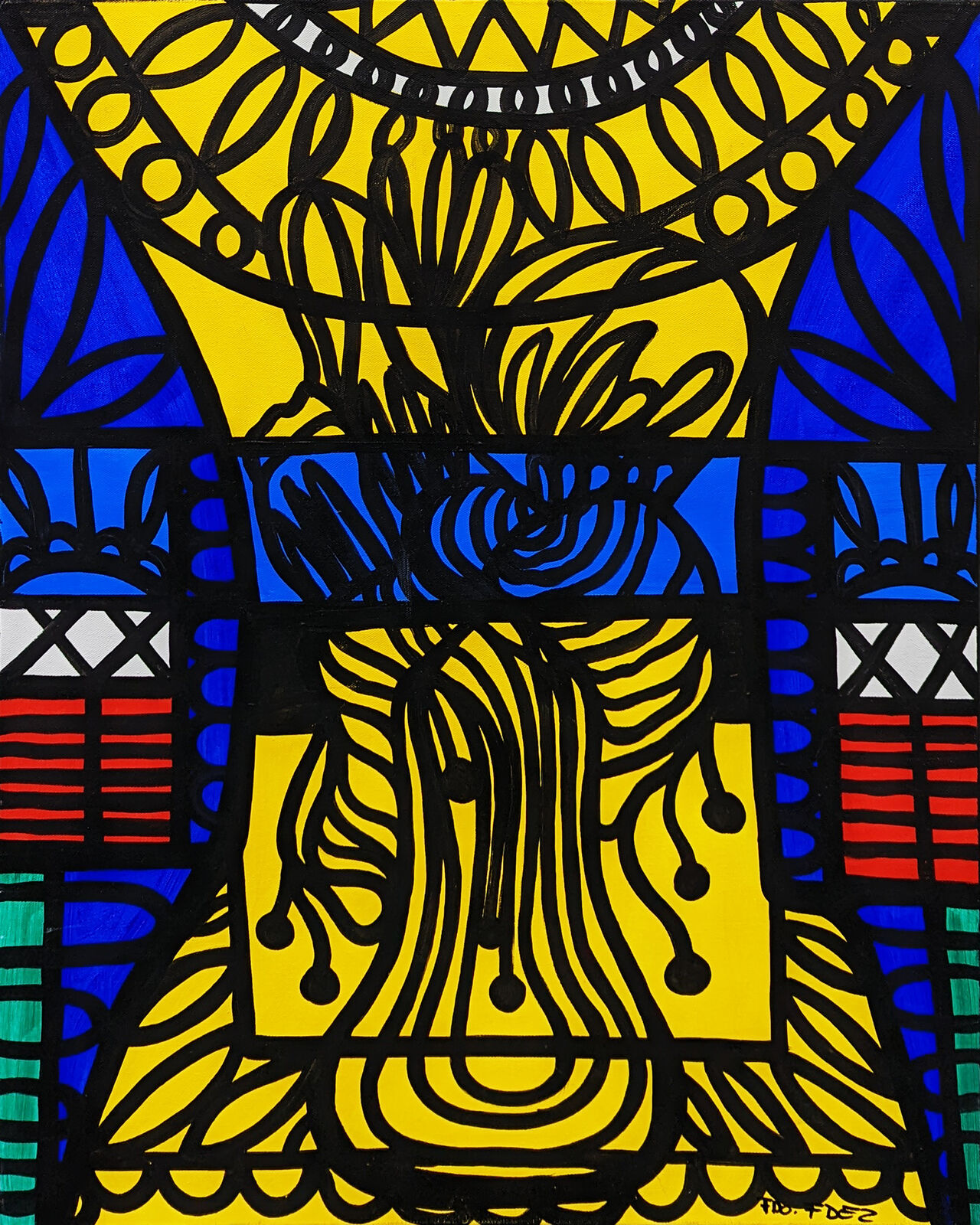 A painting of a vase of flowers in a stained glass window.