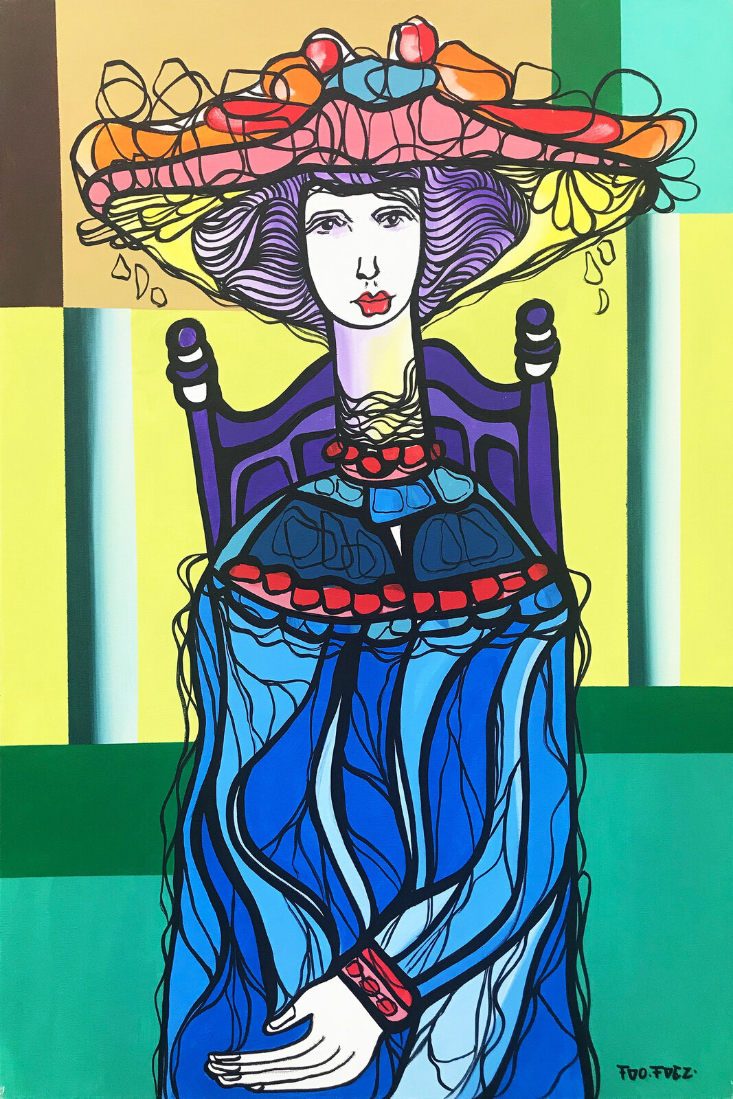 A painting of a woman sitting on a chair wearing a hat.