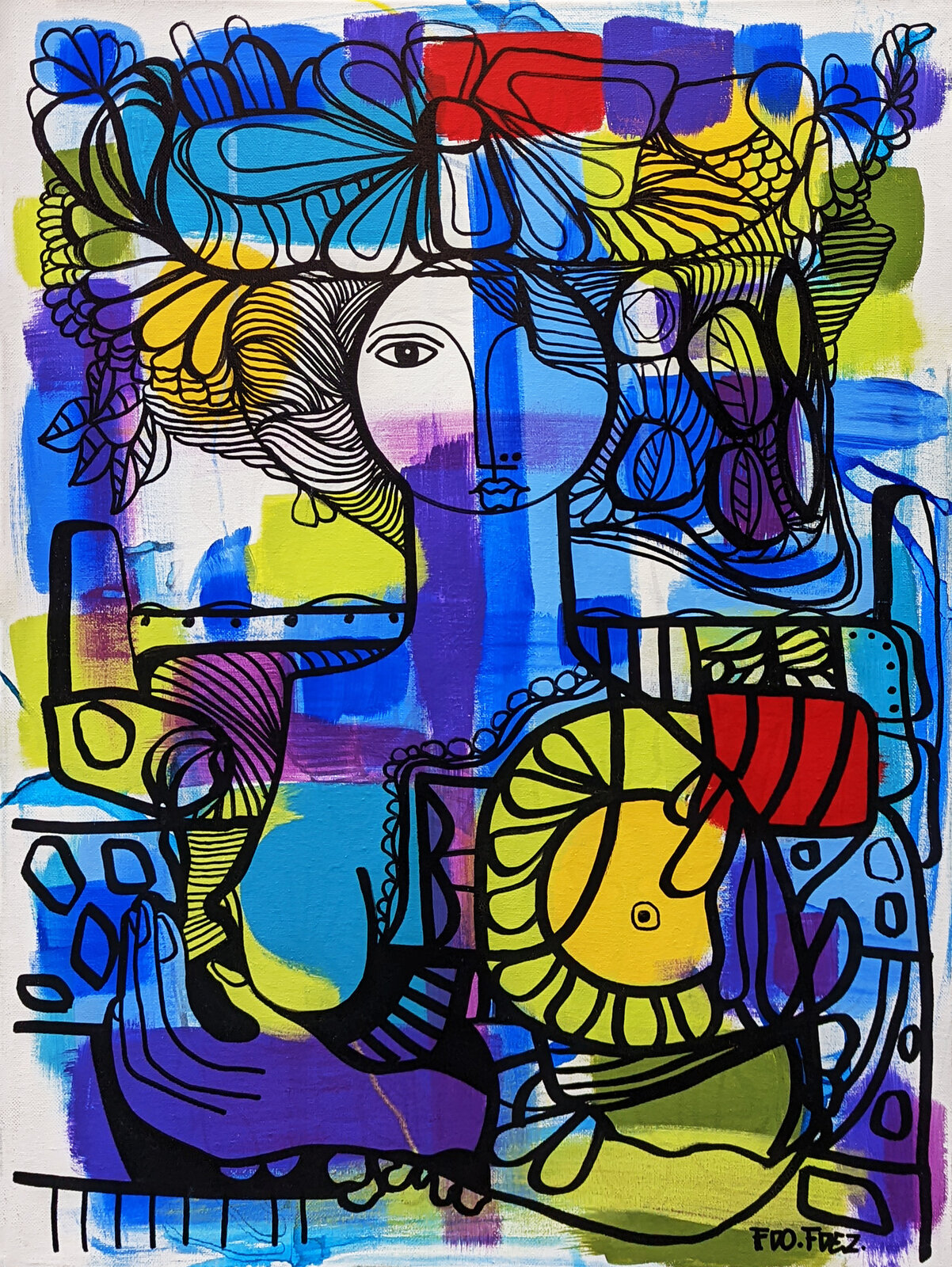 A painting of a woman sitting in a chair with flowers in her hair.