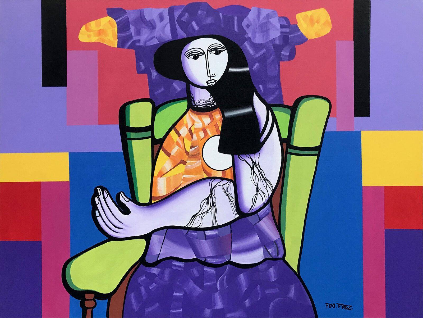 A painting of a woman sitting in a chair.