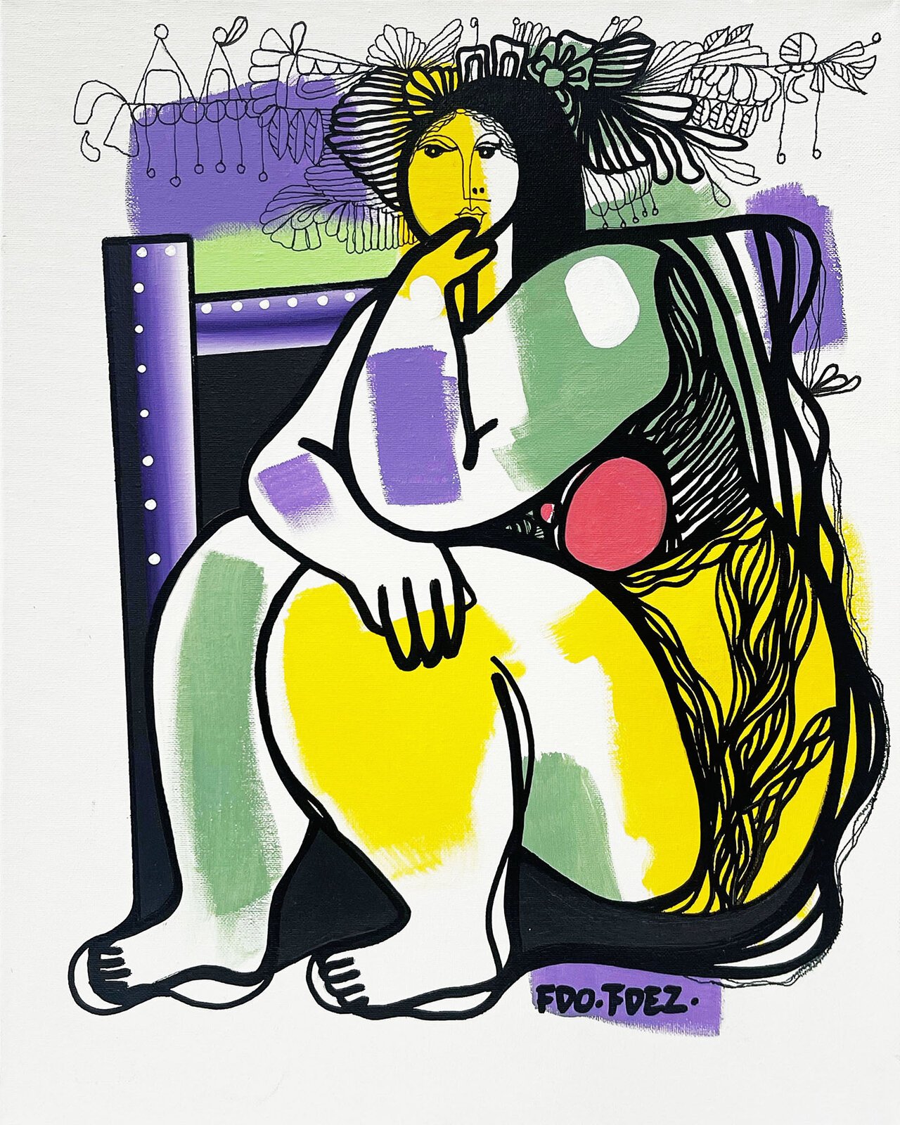 A painting of a woman sitting on a chair.