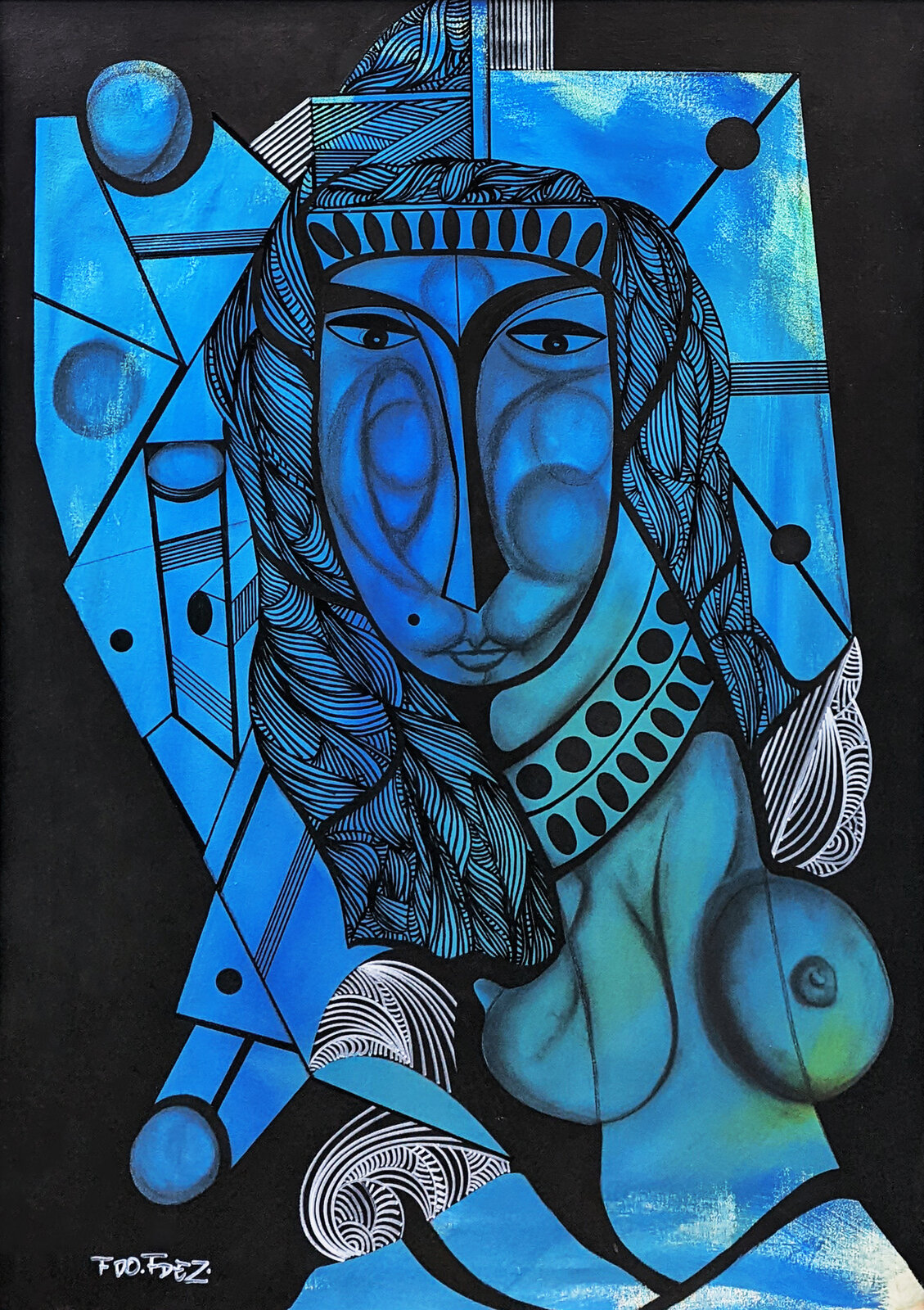 A painting of a woman with a blue face on a black background.