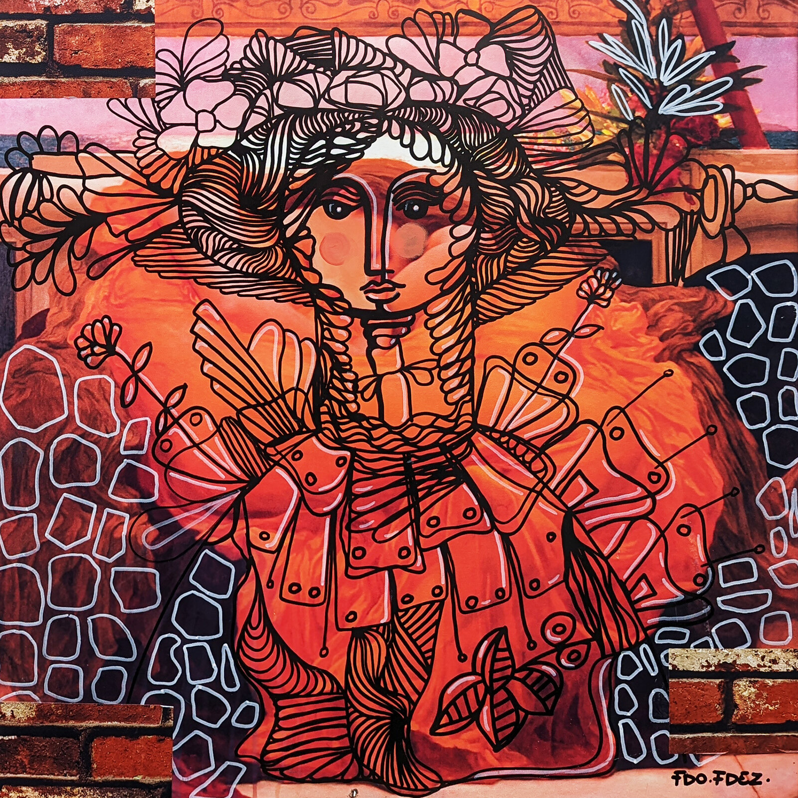 A painting of a woman with a flower crown on her head.