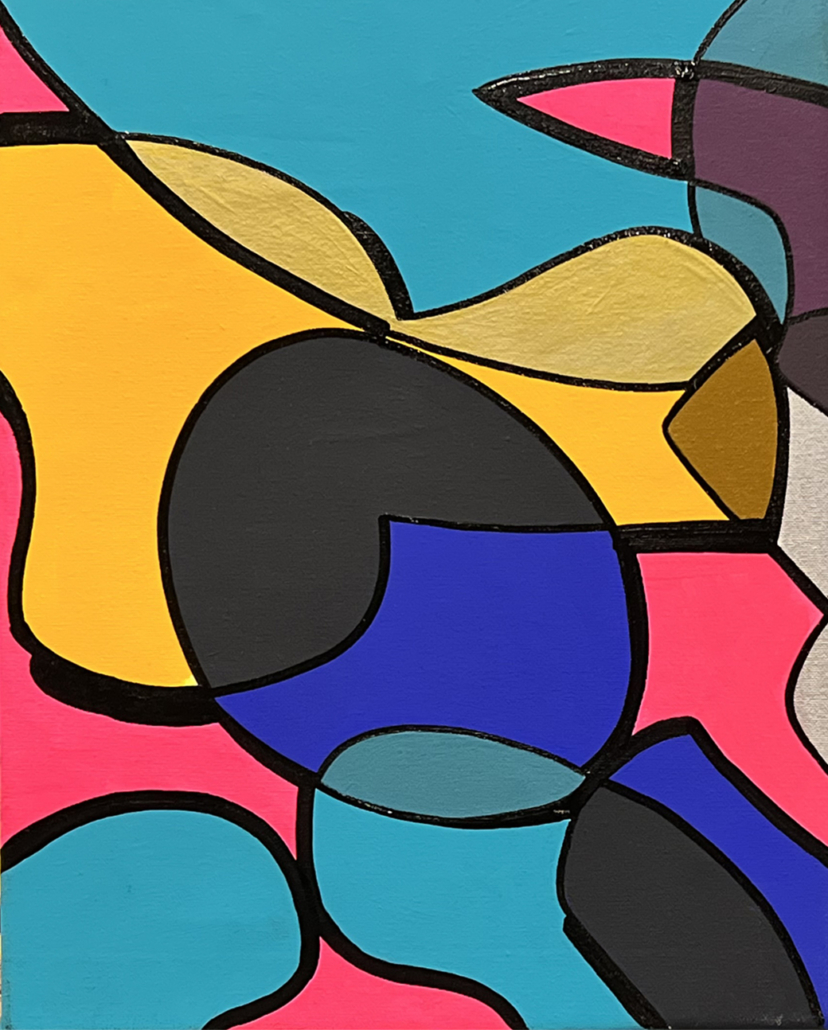 A painting of a colorful abstract painting on a blue background.