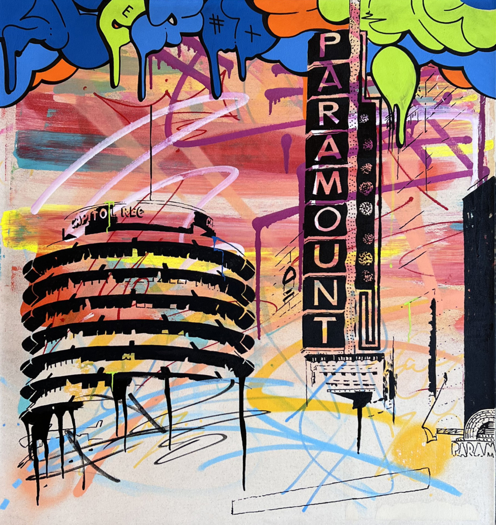 A painting of a building with graffiti on it.