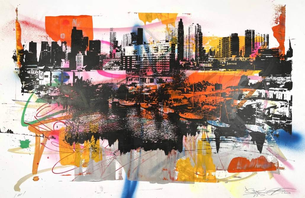 A painting of a cityscape with lots of paint splatters.
