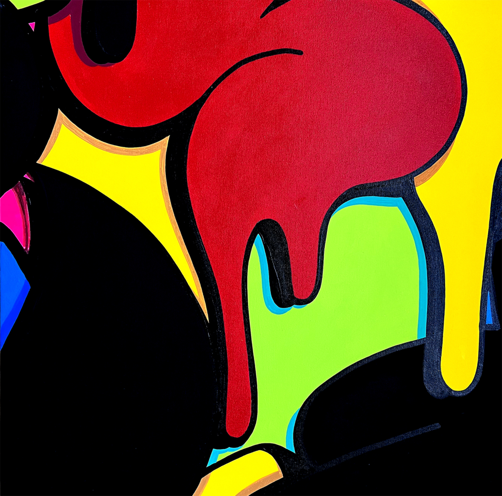 A painting of a red, yellow, green, blue, and black abstract painting.