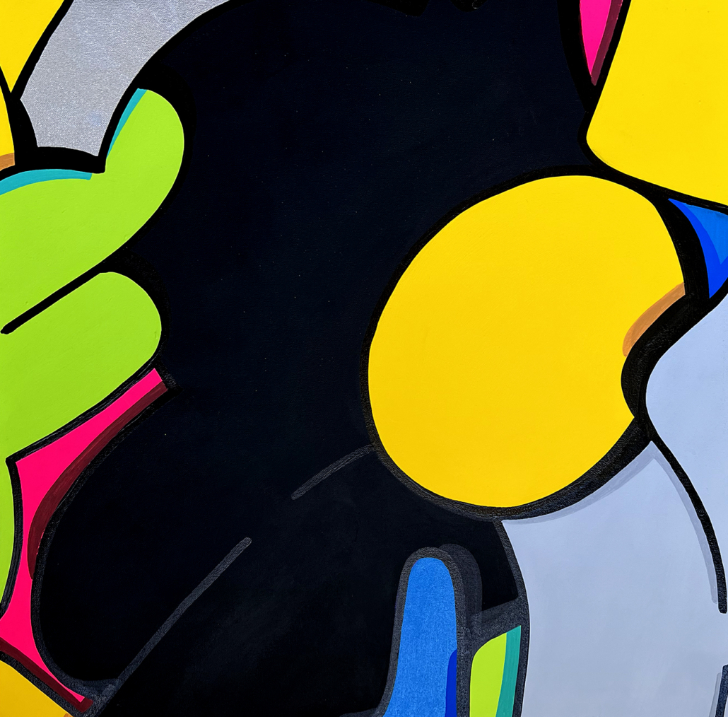 A painting of a black background with yellow, blue, green, and red shapes.