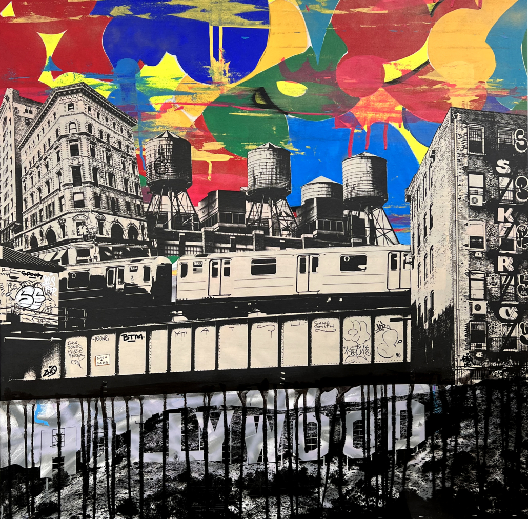 A painting of a train on a city street with graffiti on it.