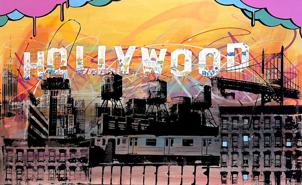 A painting of a city with the word Hollywood written on it.