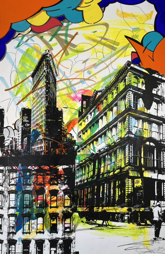 A painting of a cityscape with buildings in the background.