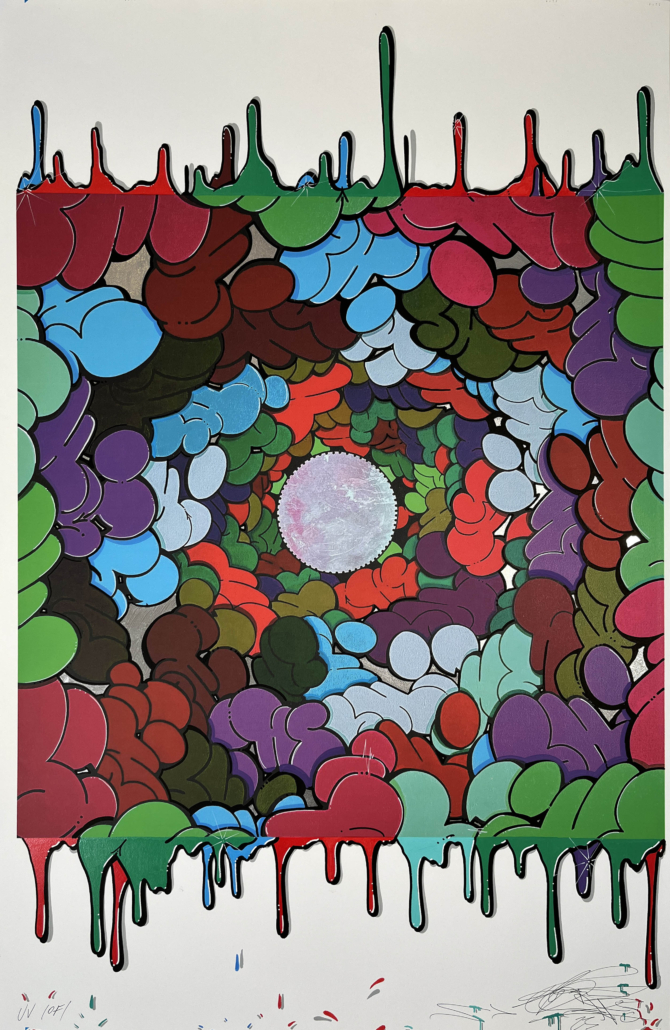 A painting of a colorful abstract painting with a white circle in the middle.