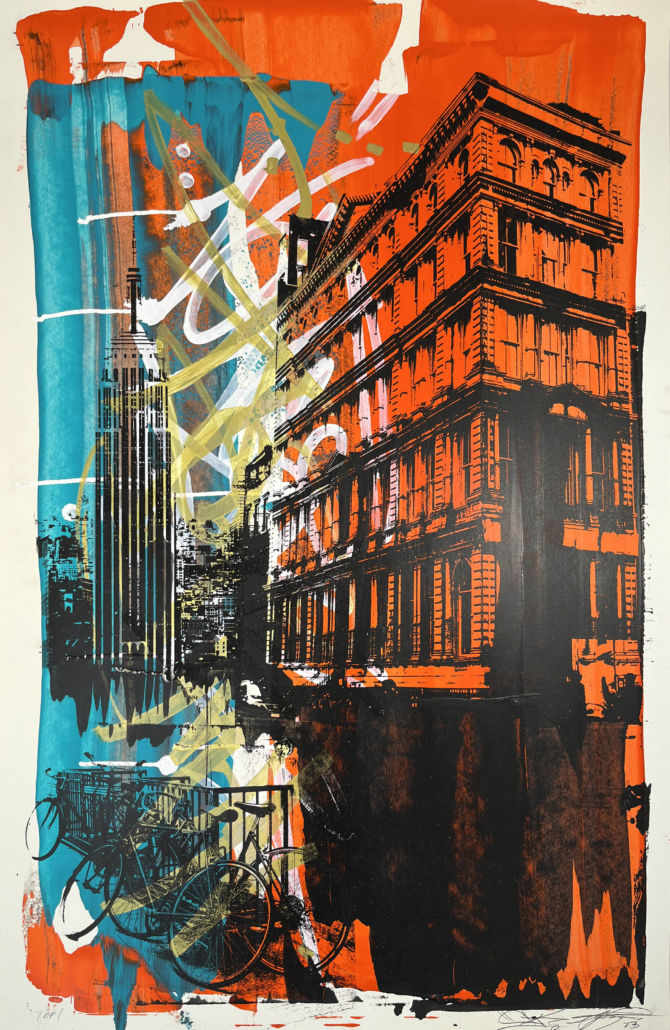 A painting of a building with a bicycle parked in front of it.