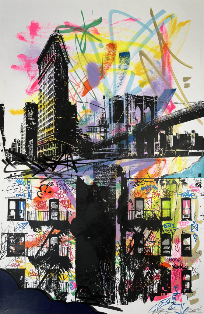A painting of a cityscape with graffiti on it.