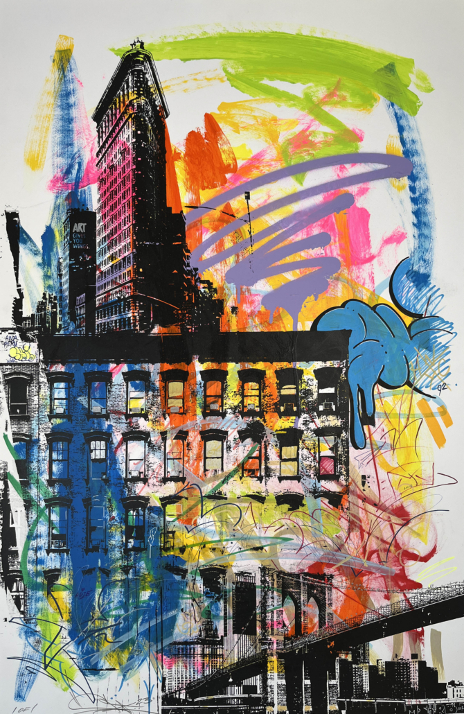 A painting of a cityscape with a building in the background.