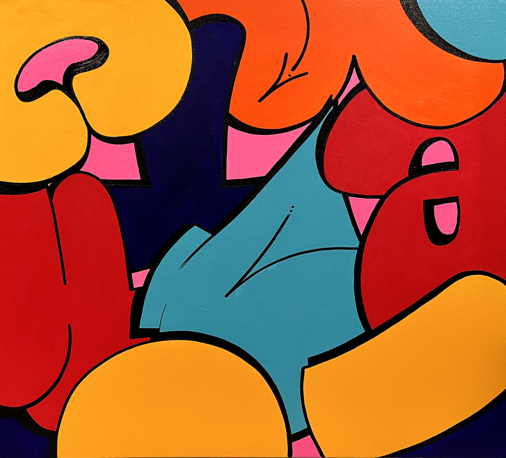 A painting of a group of people sitting on top of each other.