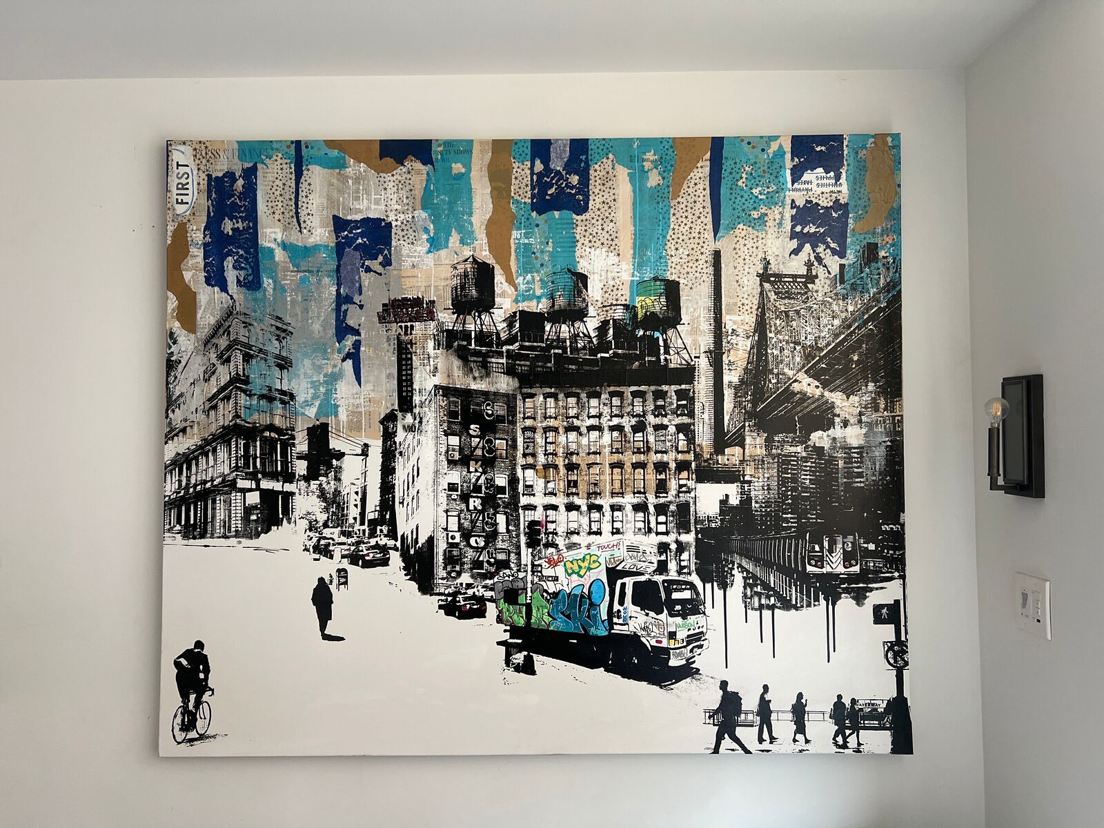A painting of a city street scene with people walking and a truck.