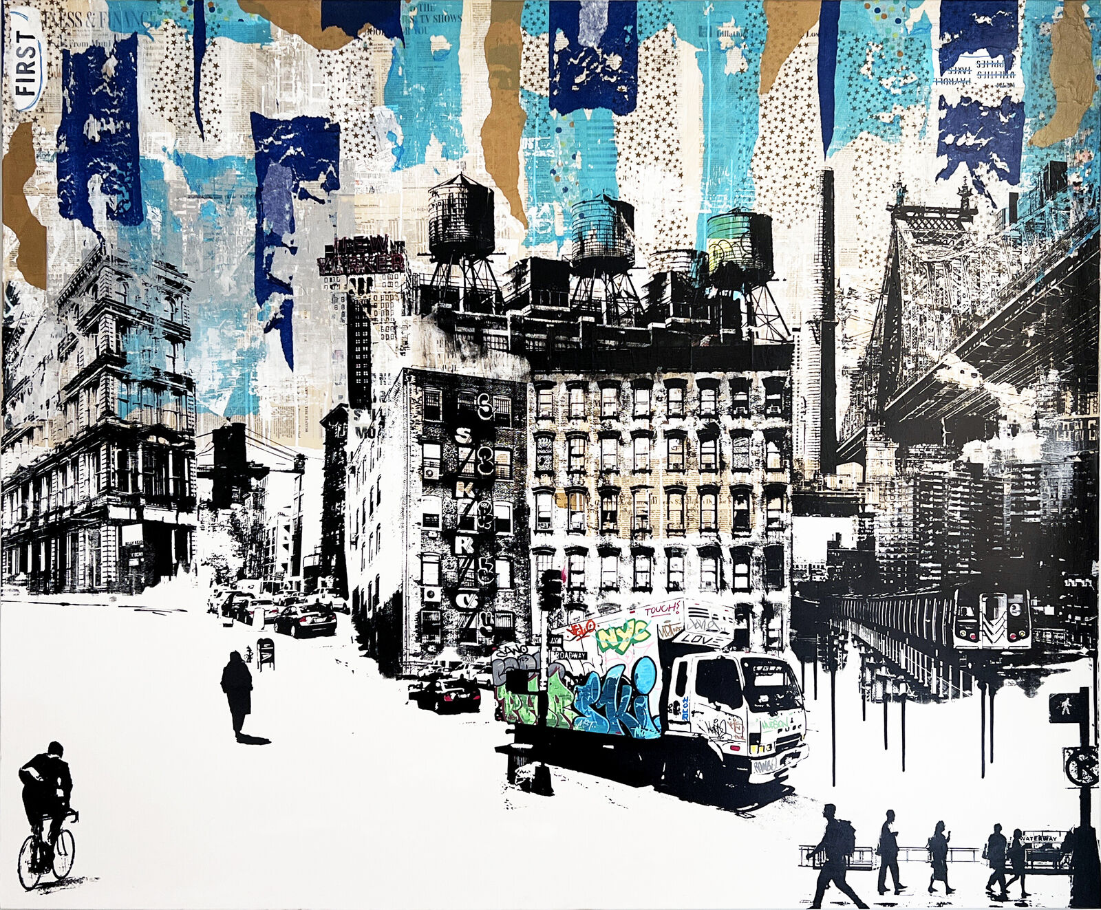 A painting of a city street scene with people walking and a truck.