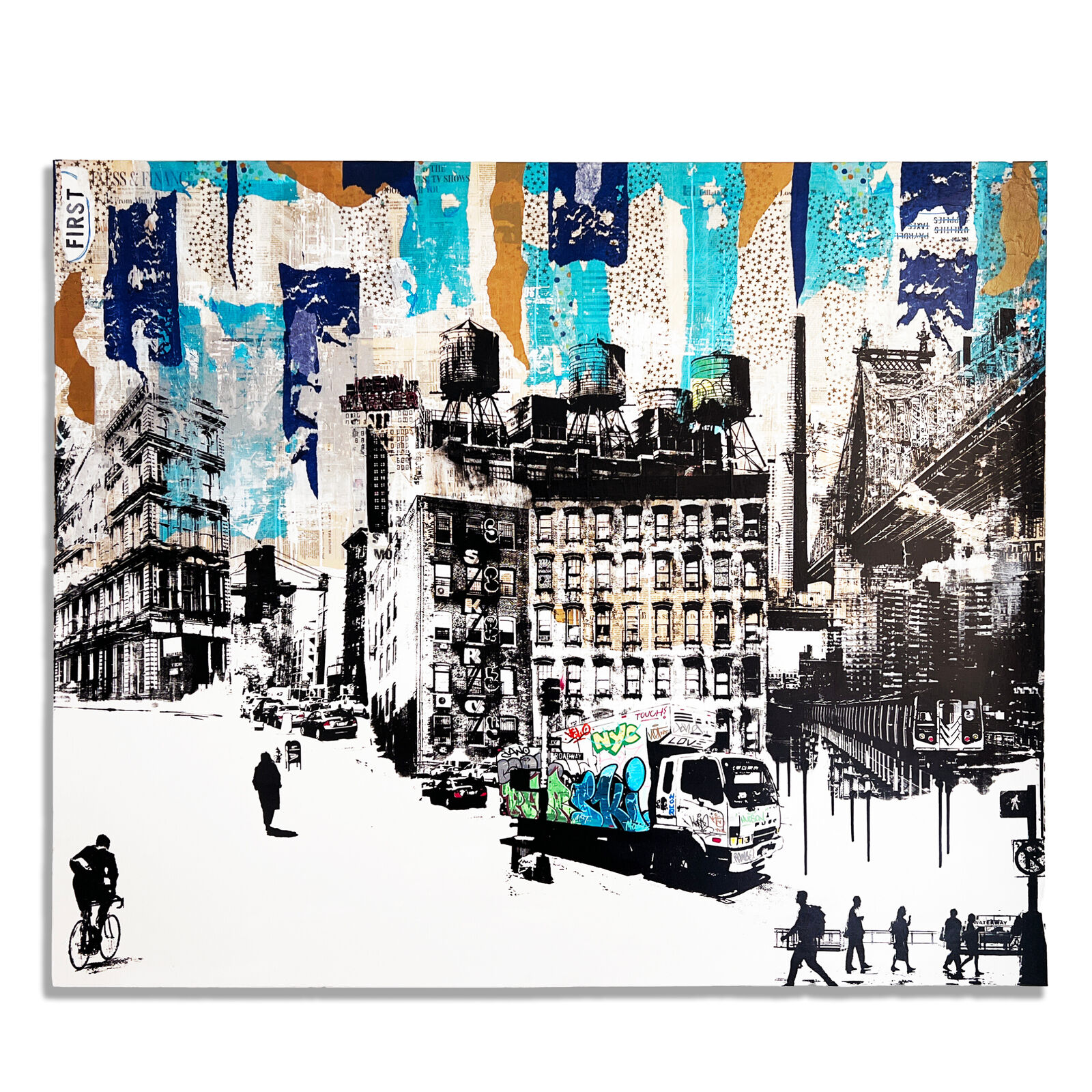 A painting of a city street scene with people walking and a truck.